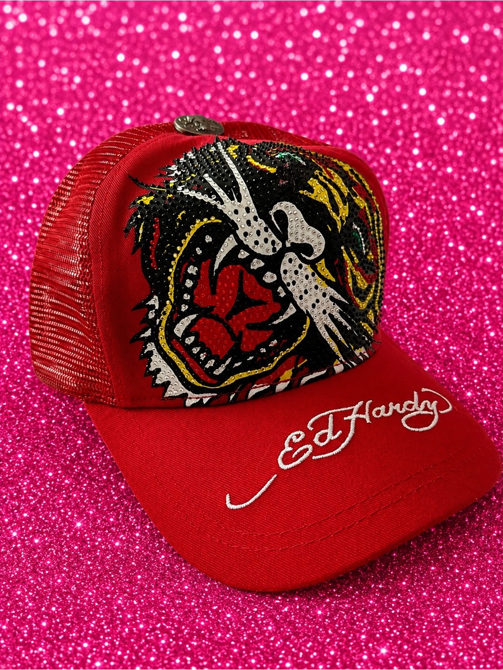 Y2K❤️Ed Hardy Red Graphic Cap Rhinestone